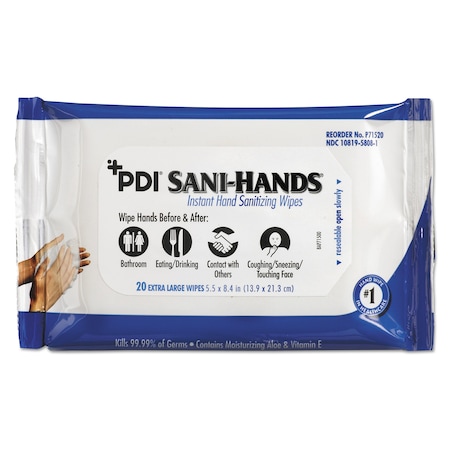 SANI PROFESSIONAL PDI Sani-Hands Instant Hand Sanitizing Wipes, 1-Ply, 5.5 x 8.4, White, 20 Wipes, 48PK P71520